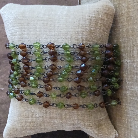 Nine Strand Beaded Green Burnt Orange Bracelet - Picture 1 of 8